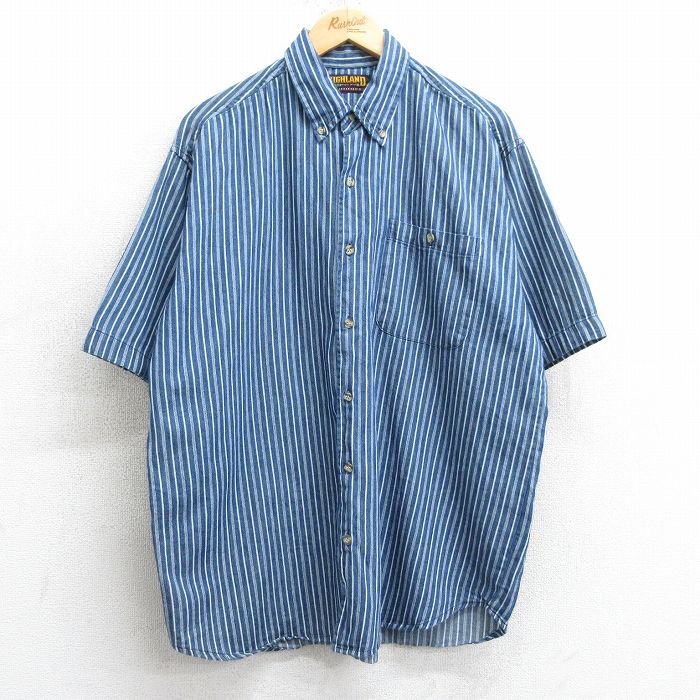 XL★古着 半袖 シャツ メンズ 90年代 90s コットン ボタンダウン 紺他 ネイビー ストライプ 25apr10 中古 トップス
