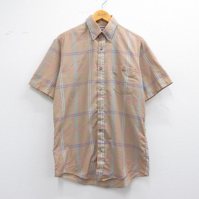 L★古着 Par Four 半袖 シャツ メンズ 80年代 80s ボタンダウン USA製 薄茶他 ブラウン チェック 25apr10 中古 トップス