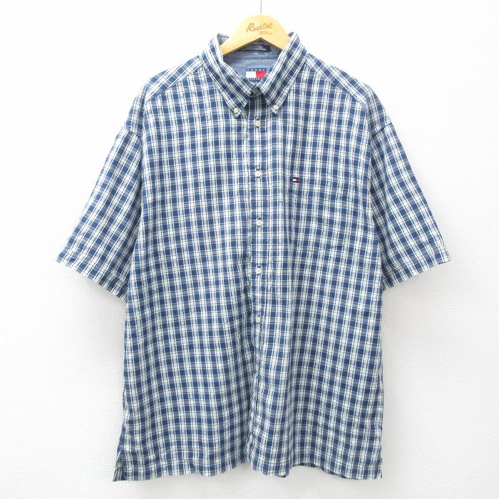 XL★古着 トミーヒルフィガー TOMMY HILFIGER 半袖 ブランド シャツ メンズ 90年代 90s ワンポイントロゴ 大きいサイズ コットン ボタンダウン 紺他 ネイビー チェック 25apr11 中古 トップス