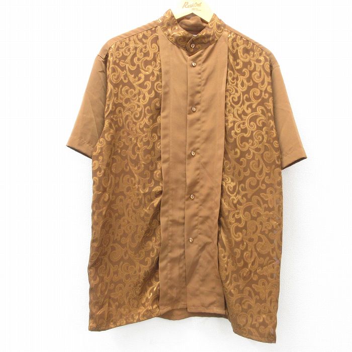 【50%OFF】L★古着 半袖 シャツ メンズ 00年代 00s スタンドカラー 茶 ブラウン 25apr11 中古 トップス