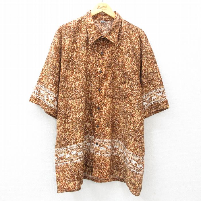 XL★古着 半袖 シャツ メンズ 大きいサイズ ロング丈 茶他 ブラウン 25apr11 中古 トップス
