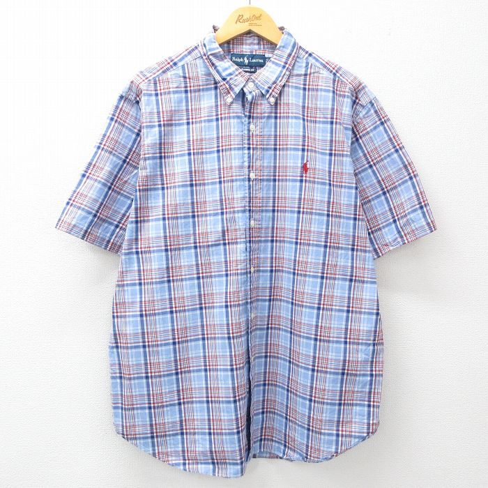 XL★古着 ラルフローレン Ralph Lauren 半袖 ブランド シャツ メンズ 90年代 90s ワンポイントロゴ 大きいサイズ コットン ボタンダウン 薄紺他 ネイビー チェック 25apr11 中古 トップス