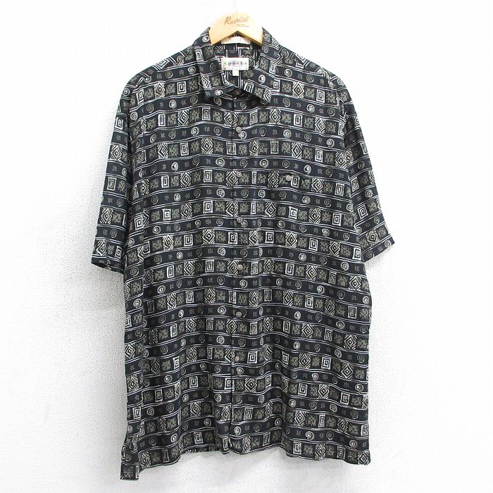 XL★古着 半袖 シャツ メンズ 90年代 90s 総柄レーヨン 黒他 ブラック 25apr14 中古 トップス