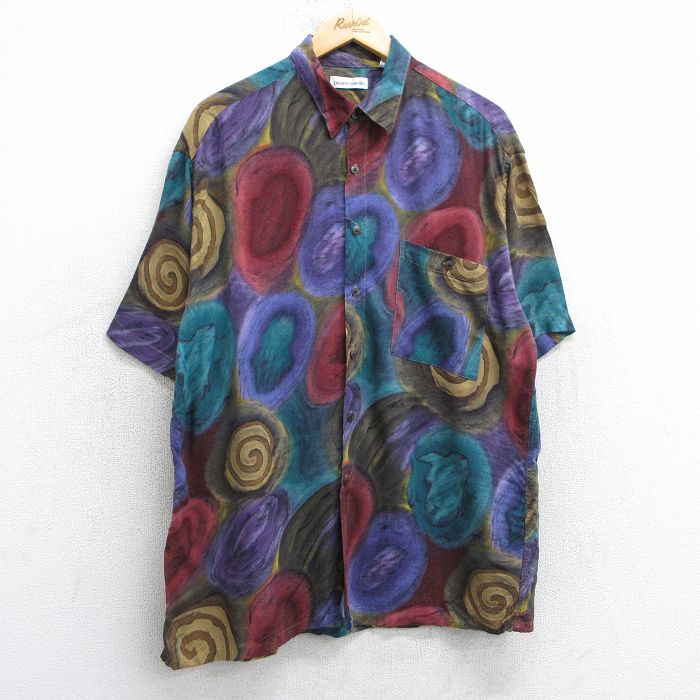 L★古着 ピエールカルダン pierre cardin 半袖 ブランド シャツ メンズ 90年代 90s 総柄 レーヨン 紫他 パープル 25apr14 中古 トップス