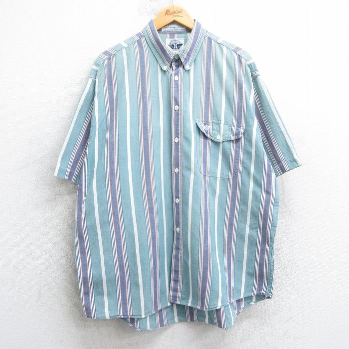 XL★古着 ドッカーズ 半袖 シャツ メンズ 90年代 90s ワンポイントロゴ 大きいサイズ コットン ボタンダウン 緑他 グリーン ストライプ 25apr14 中古 トップス