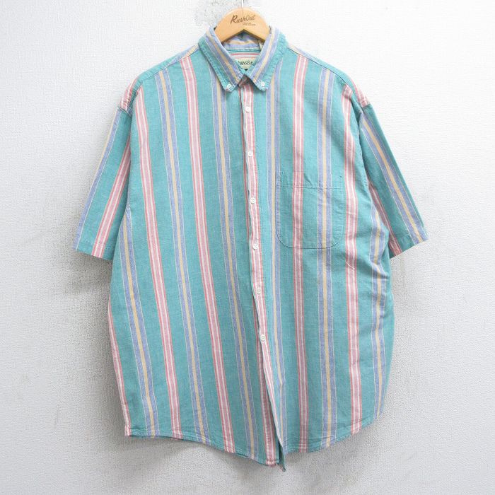 XL★古着 セントジョンズベイ 半袖 シャツ メンズ 90年代 90s ロング丈 コットン ボタンダウン 緑他 グリーン ストライプ 【spe】 25apr14 中古 トップス