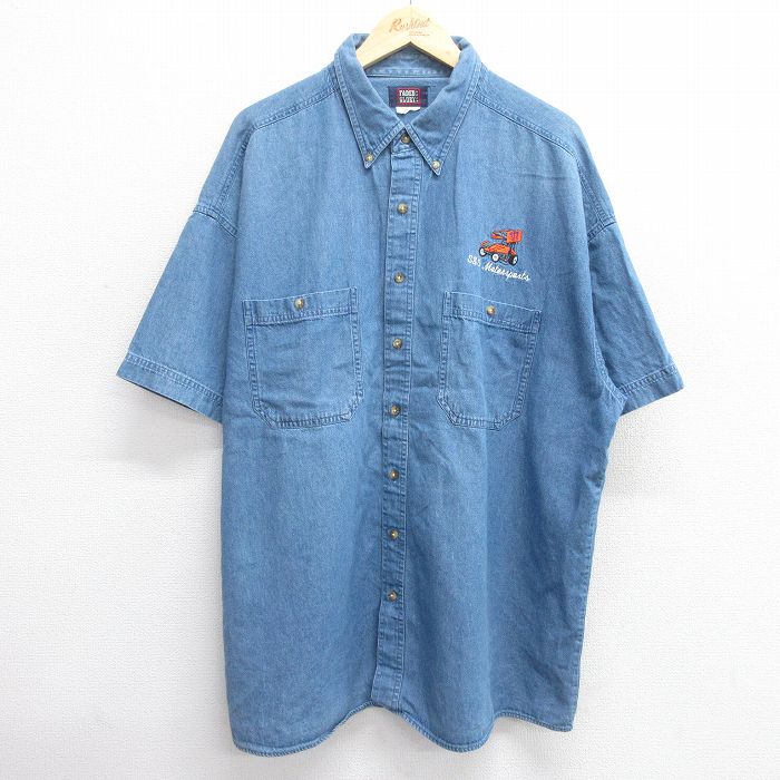 XL★古着 FADED GLORY 半袖 シャツ メンズ モータースポーツ 大きいサイズ ロング丈 ボタンダウン 紺 ネイビー デニム 25apr14 中古 トップス