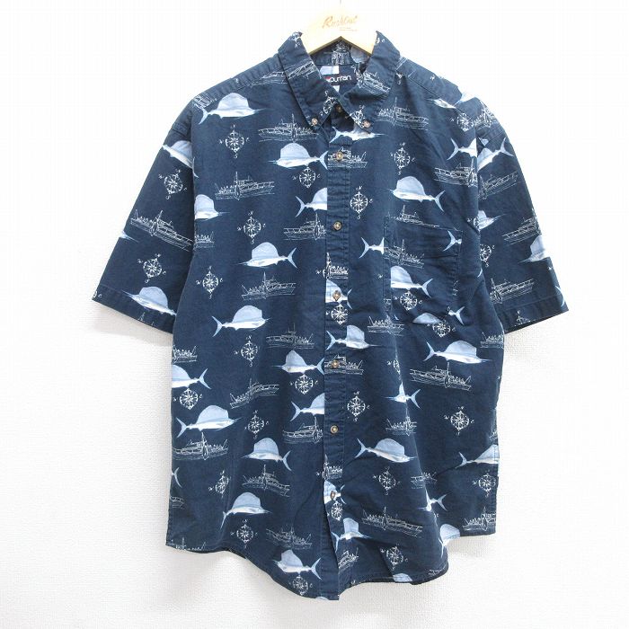 L★古着 ピューリタン 半袖 シャツ メンズ 00年代 00s カジキ 船 コットン ボタンダウン 紺他 ネイビー 25apr14 中古 トップス