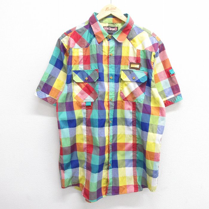 L★古着 半袖 シャツ メンズ ロング丈 黄他 イエロー チェック 25apr14 中古 トップス