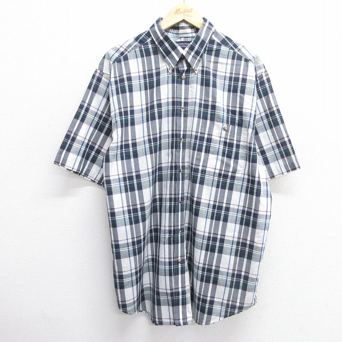 XL★古着 半袖 シャツ メンズ 大きいサイズ ロング丈 ボタンダウン 白他 ホワイト チェック 25apr14 中古 トップス