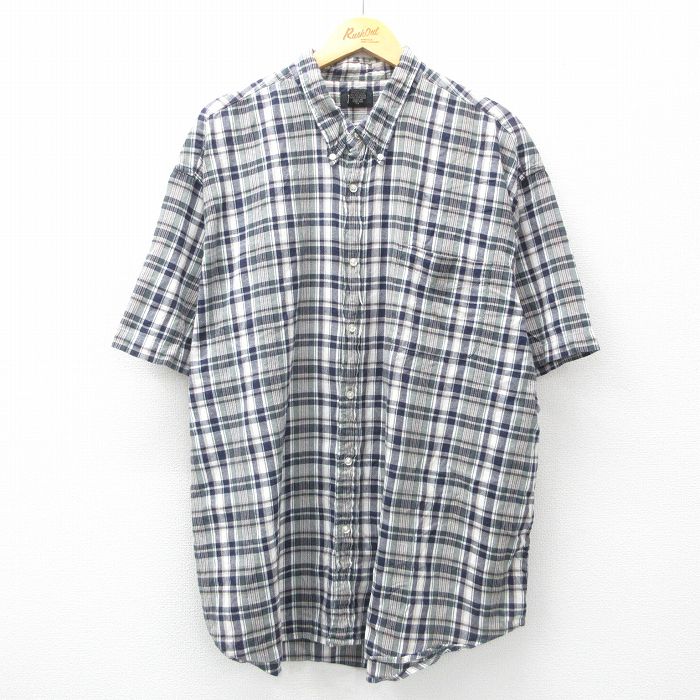 XL★古着 G.H.BASS 半袖 シャツ メンズ 大きいサイズ コットン ボタンダウン 濃紺他 ネイビー チェック 25apr16 中古 トップス