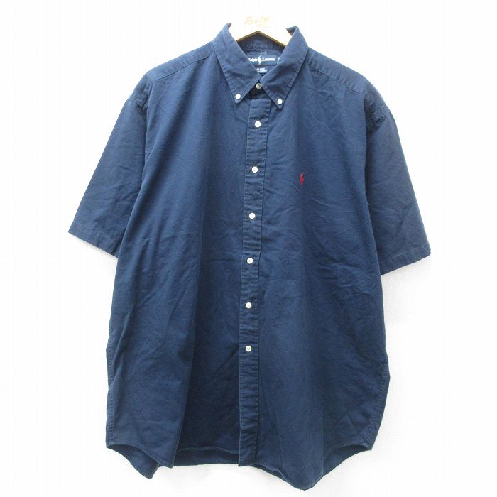 XL★古着 ラルフローレン Ralph Lauren 半袖 ブランド シャツ メンズ 90年代 90s ワンポイントロゴ BLAIRE 大きいサイズ ロング丈 コットン ボタンダウン 濃紺 ネイビー 25apr16 中古 トップス