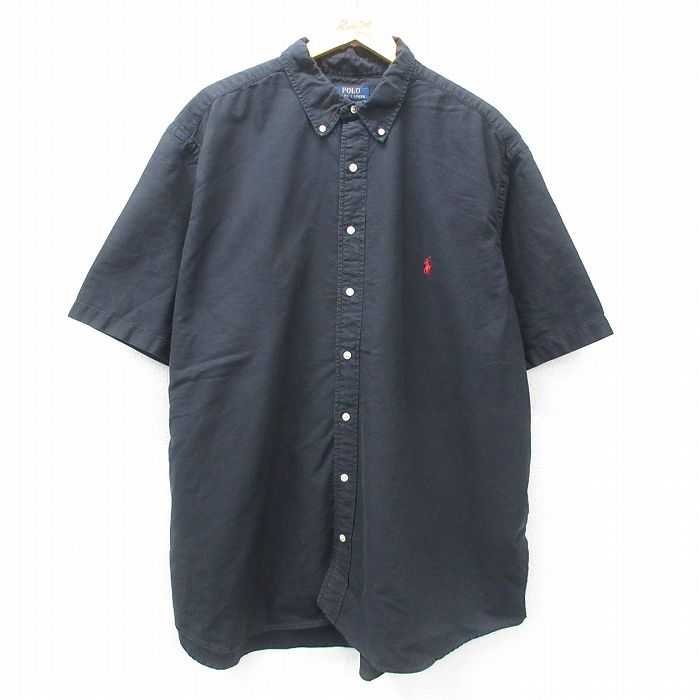 XL★古着 ラルフローレン Ralph Lauren 半袖 ブランド シャツ メンズ ワンポイントロゴ 大きいサイズ ロング丈 コットン ボタンダウン 黒 ブラック 25apr16 中古 トップス