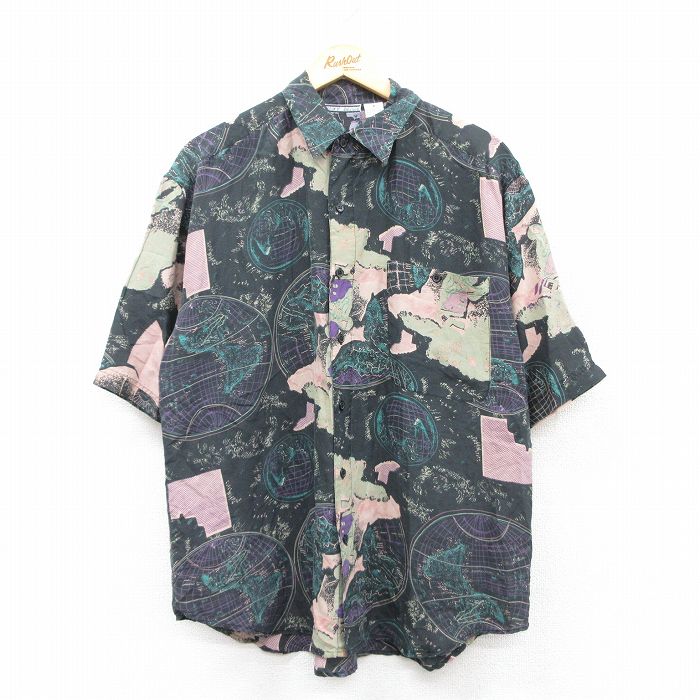 L★古着 半袖 シャツ メンズ 90年代 90s 総柄 シルク 黒他 ブラック 25apr17 中古 トップス