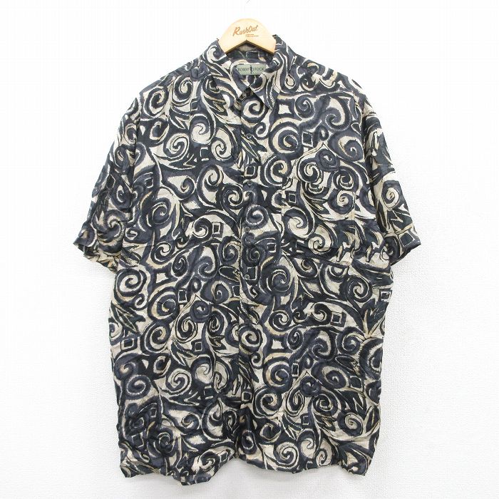 XL★古着 半袖 シャツ メンズ 90年代 90s 総柄 ロング丈 シルク 黒他 ブラック 25apr17 中古 トップス