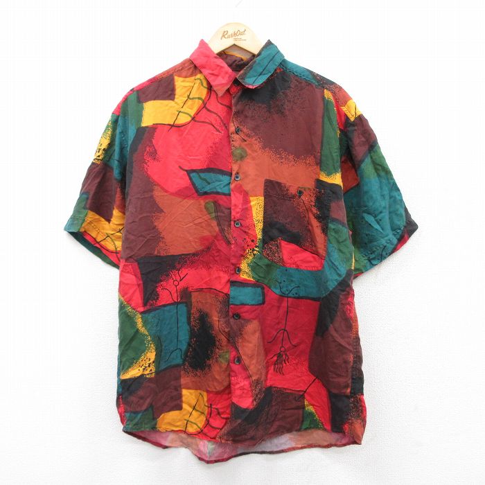 L★古着 GOOUCH 半袖 シャツ メンズ 90年代 90s 総柄 シルク 赤他 レッド 25apr17 中古 トップス