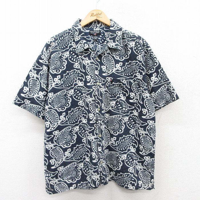 XL★古着 ラルフローレン Ralph Lauren ポロジーンズ 半袖 ブランド シャツ メンズ 00年代 00s 葉 リネン 開襟 オープンカラー 紺他 ネイビー 【spe】 25apr17 中古 トップス