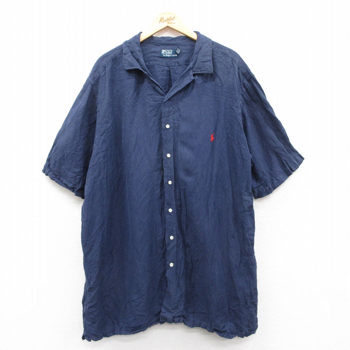XL★古着 ラルフローレン Ralph Lauren 半袖 ブランド シャツ メンズ 90年代 90s ワンポイントロゴ ヘリンボーン 大きいサイズ ロング丈 リネン シルク 開襟 オープンカラー 紺 ネイビー 【spe】 25apr17 中古 トップス