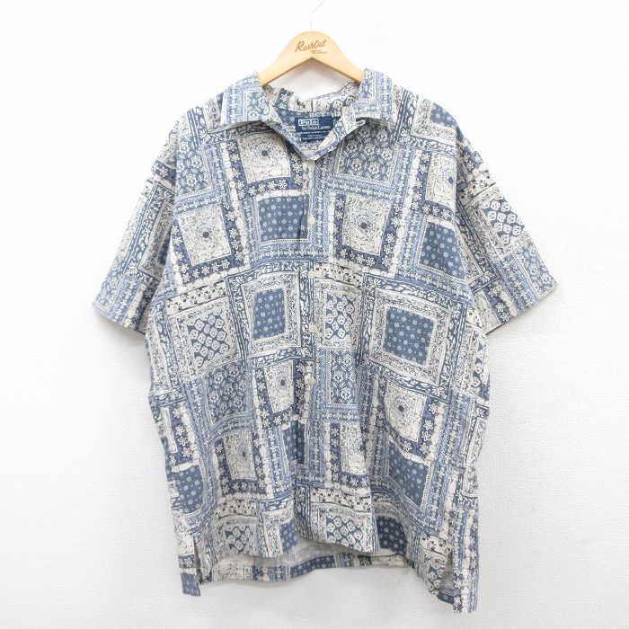 XL★古着 ラルフローレン Ralph Lauren 半袖 ブランド シャツ メンズ 90年代 90s CALDWELL 総柄 大きいサイズ リネン 開襟 オープンカラー 薄紺他 ネイビー 【spe】 25apr17 中古 トップス