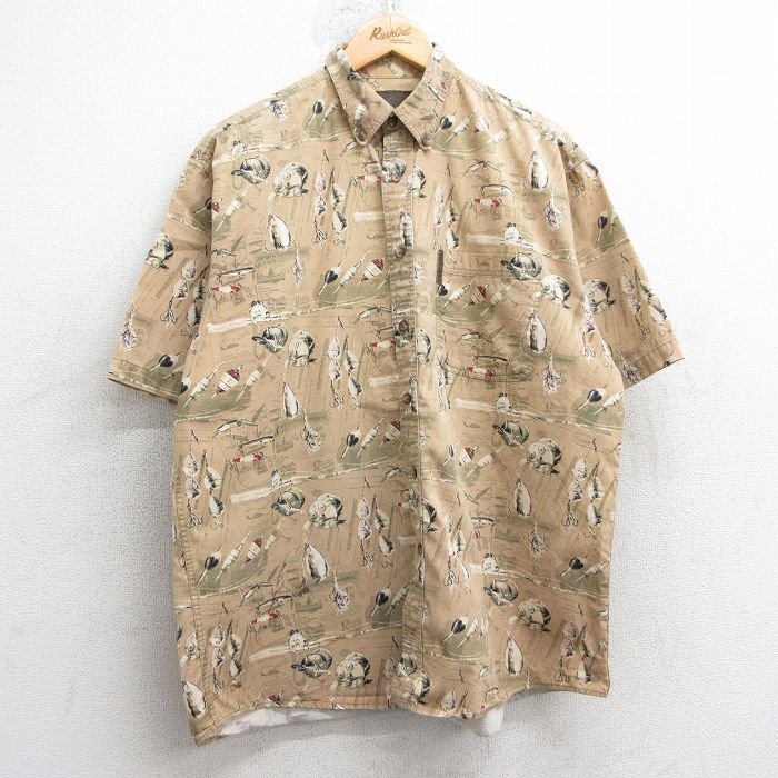 XL★古着 半袖 シャツ メンズ 釣り ルアー 総柄 コットン ボタンダウン ベージュ他 カーキ 25apr17 中古 トップス