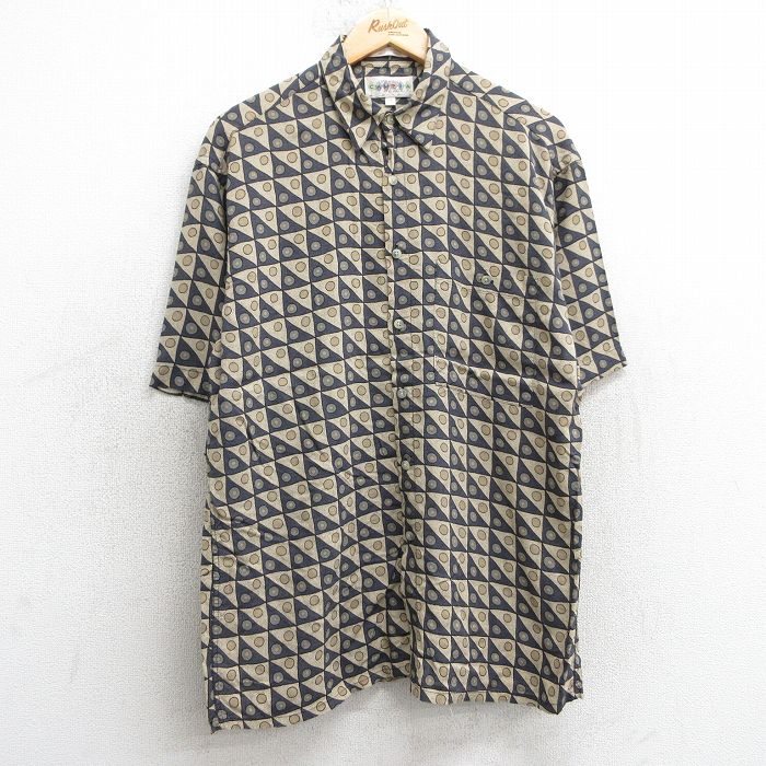 L★古着 半袖 シャツ メンズ 90年代 90s 総柄 レーヨン ベージュ他 カーキ 25apr17 中古 トップス