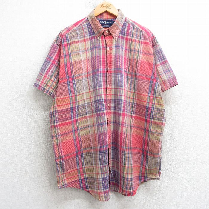 XL★古着 ラルフローレン Ralph Lauren 半袖 ブランド シャツ メンズ 90年代 90s ワンポイントロゴ 大きいサイズ コットン ボタンダウン 濃ピンク他 チェック 【spe】 25apr17 中古 トップス