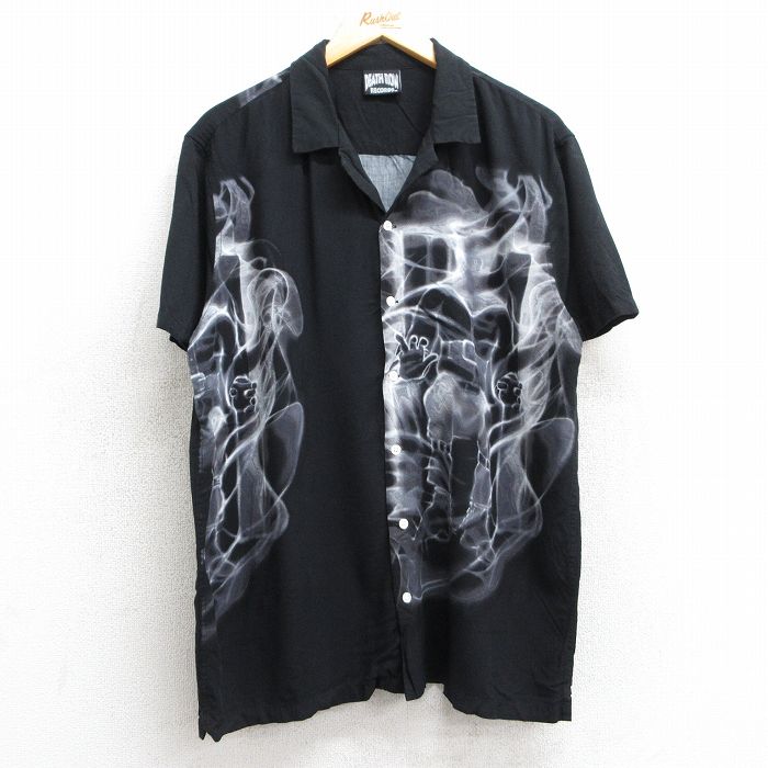 L★古着 半袖 ロック バンド シャツ メンズ デスロウレコード 開襟 オープンカラー 黒他 ブラック 【spe】 25apr17 中古 トップス