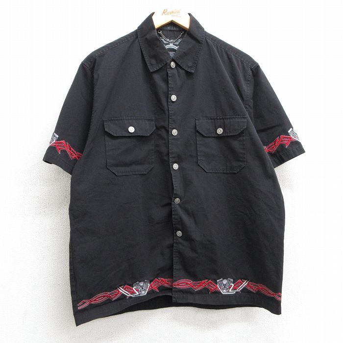 L★古着 半袖 シャツ メンズ エンジン 黒 ブラック 25apr17 中古 トップス