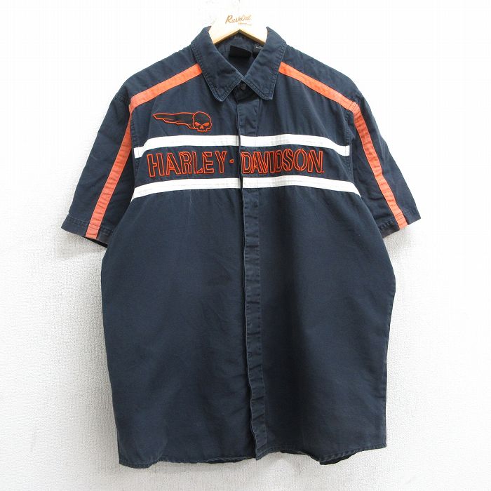XL★古着 ハーレーダビッドソン Harley Davidson 半袖 シャツ メンズ スカル コットン 黒他 ブラック 25apr17 中古 トップス