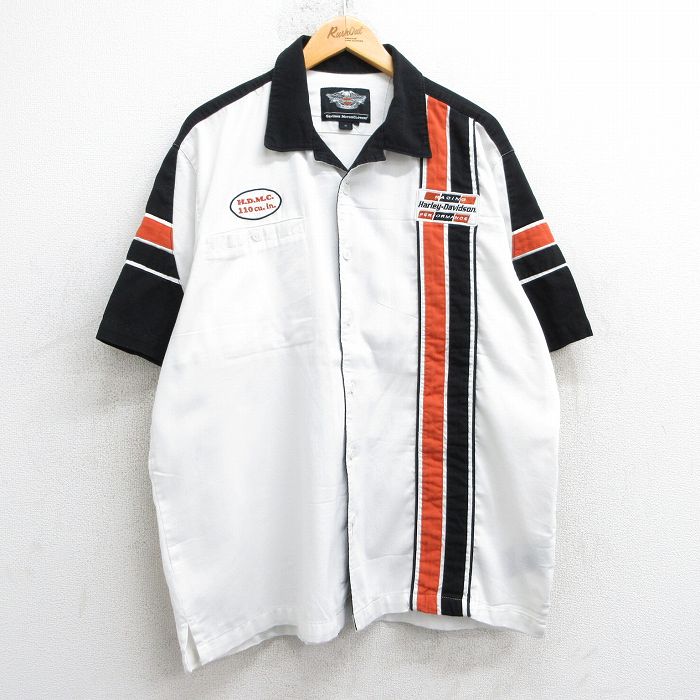 XL★古着 ハーレーダビッドソン Harley Davidson 半袖 シャツ メンズ レーシング 開襟 オープンカラー 白他 ホワイト 25apr17 中古 トップス