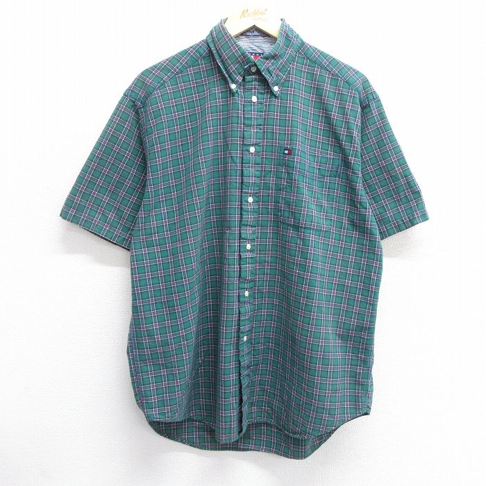XL★古着 トミーヒルフィガー TOMMY HILFIGER 半袖 ブランド シャツ メンズ 90年代 90s ワンポイントロゴ コットン ボタンダウン 緑他 グリーン チェック 25apr18 中古 トップス