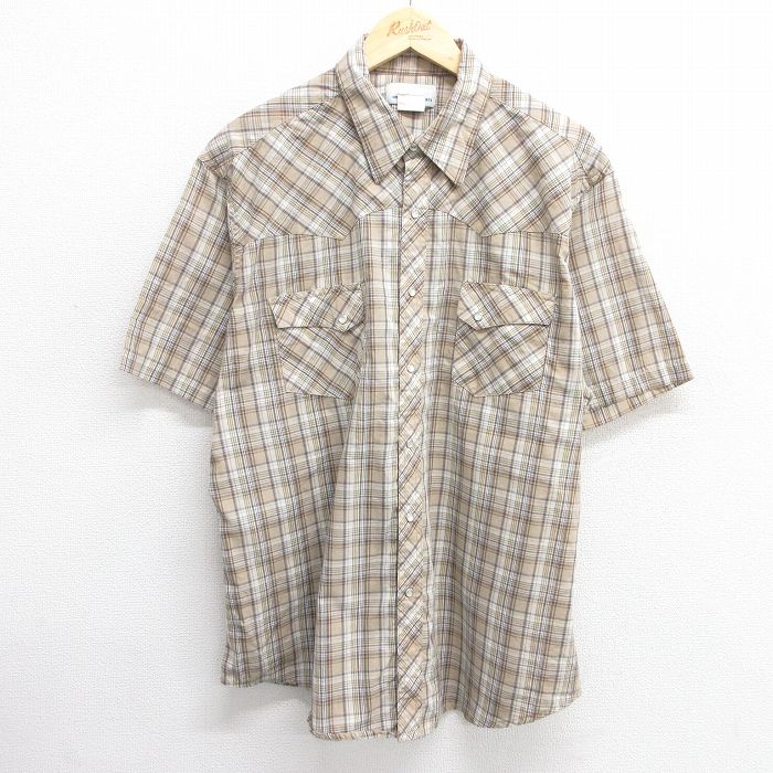 XL★古着 ラングラー Wrangler 半袖 ウエスタン シャツ メンズ 大きいサイズ ベージュ他 カーキ チェック 25apr18 中古 トップス