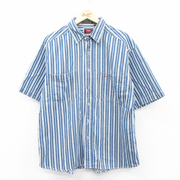 XL★古着 ラングラー Wrangler 半袖 シャツ メンズ コットン 紺他 ネイビー デニム ストライプ 25apr18 中古 トップス