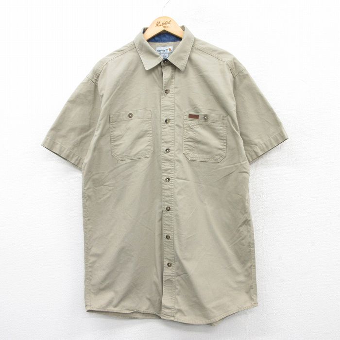 XL★古着 カーハート Carhartt 半袖 シャツ メンズ ロング丈 ベージュ系 カーキ 25apr18 中古 トップス