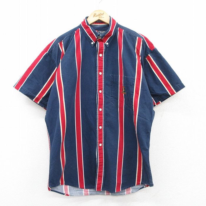 XL★古着 ラルフローレン Ralph Lauren チャップス 半袖 ブランド シャツ メンズ 90年代 90s ワンポイントロゴ コットン ボタンダウン 紺他 ネイビー ストライプ 25apr18 中古 トップス