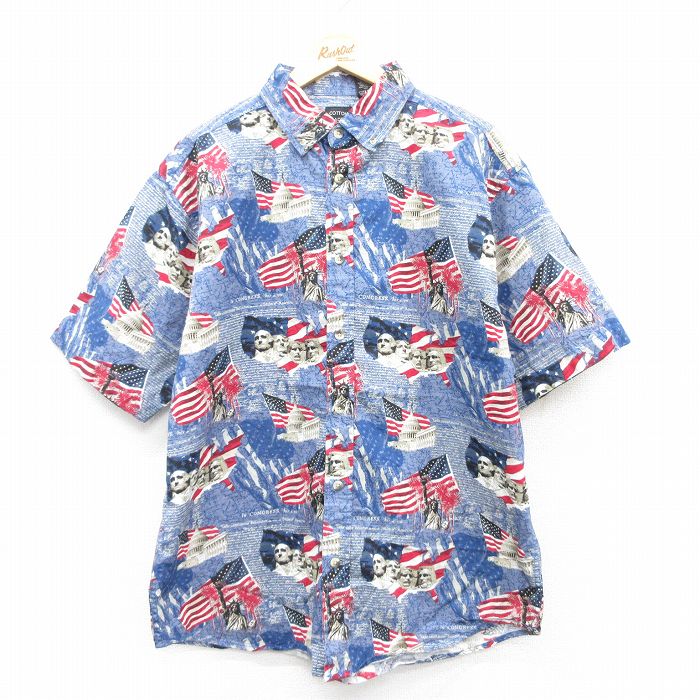 XL★古着 半袖 シャツ メンズ 星条旗 自由の女神 マウントラッシュモア コットン 紺他 ネイビー 25apr18 中古 トップス