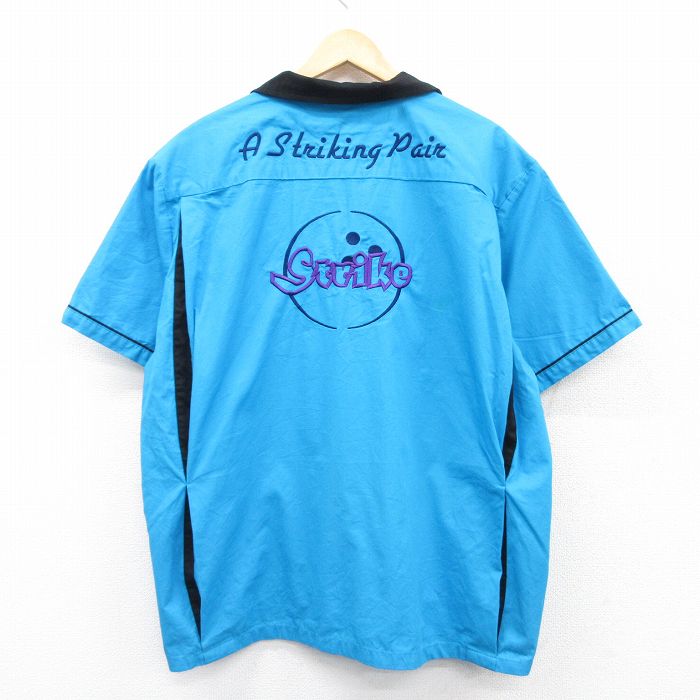 XL★古着 ヒルトン 半袖 ボウリング シャツ メンズ ストライク 刺繍 大きいサイズ 開襟 オープンカラー 水色他 【spe】 25apr18 中古 トップス