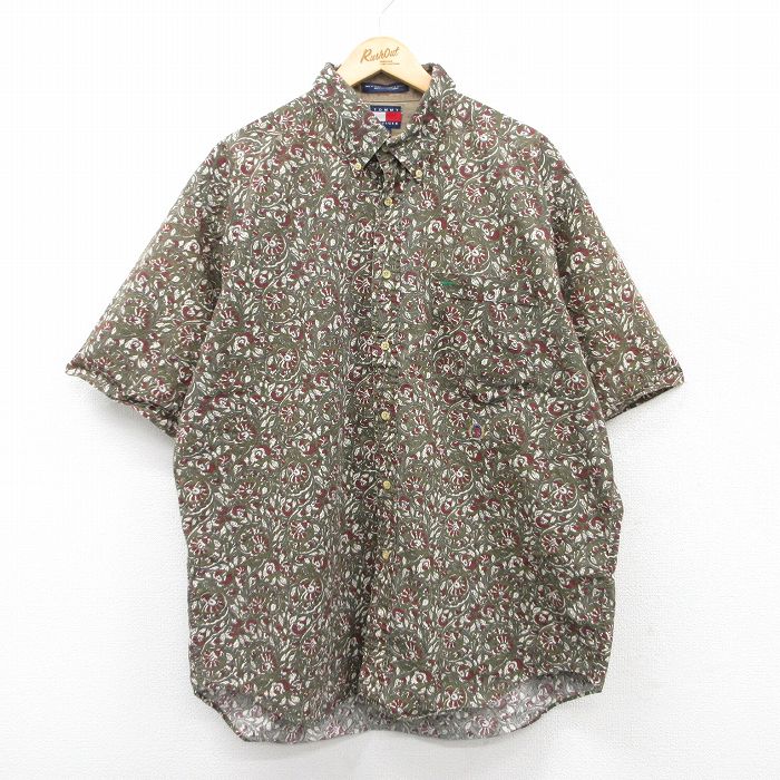 XL★古着 トミーヒルフィガー TOMMY HILFIGER 半袖 ブランド シャツ メンズ 90年代 90s ワンポイントロゴ 大きいサイズ ロング丈 コットン ボタンダウン 緑系他 グリーン 25apr18 中古 トップス