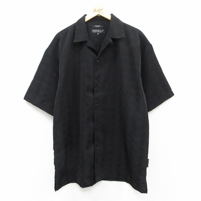 XL★古着 半袖 シャツ メンズ ロング丈 開襟 オープンカラー 黒 ブラック 25apr18 中古 トップス