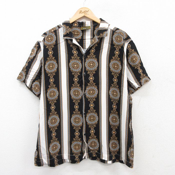 L★古着 半袖 シャツ メンズ レーヨン 開襟 オープンカラー 黒他 ブラック 25apr18 中古 トップス