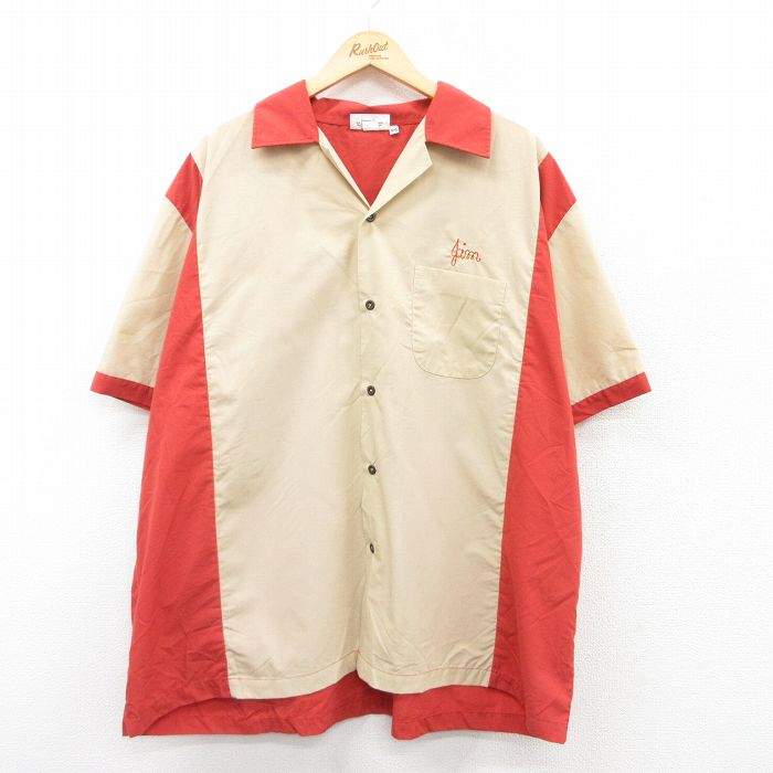 XL★古着 半袖 ボウリング シャツ メンズ 90年代 90s 大きいサイズ ツートンカラー 開襟 オープンカラー ベージュ他 カーキ 【spe】 25apr18 中古 トップス