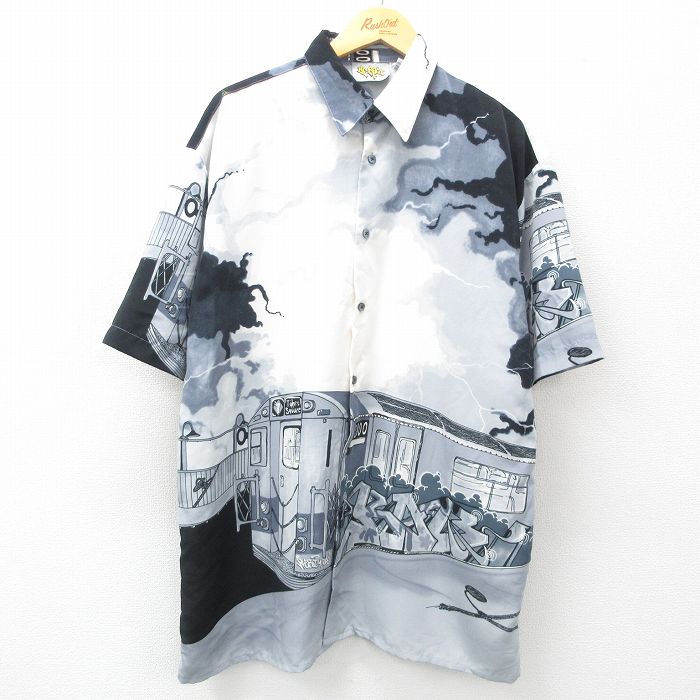 【50%OFF】XL★古着 半袖 シャツ メンズ 00年代 00s 電車 ロング丈 グレー他 25apr19 中古 トップス