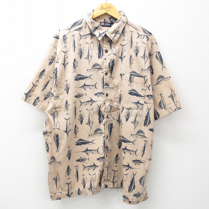 XL★古着 FADED GLORY 半袖 シャツ メンズ 魚 大きいサイズ コットン ベージュ他 カーキ 25apr19 中古 トップス