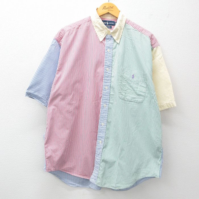 XL★古着 ラルフローレン Ralph Lauren 半袖 ブランド シャツ メンズ 90年代 90s ワンポイントロゴ BIG SHIRT クレイジーパターン 大きいサイズ ロング丈 コットン ボタンダウン 薄紺他 ネイビー ストライプ 【spe】 25apr19 中古 トップス