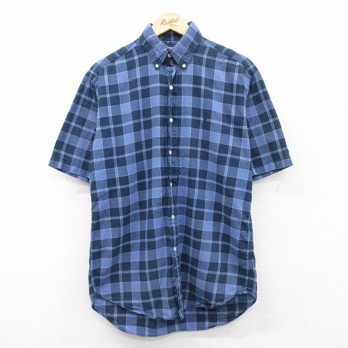 M★古着 ラルフローレン Ralph Lauren ゴルフ 半袖 ブランド シャツ メンズ 90年代 90s ワンポイントロゴ TILDEN コットン ボタンダウン 紺他 ネイビー チェック 【spe】 25apr19 中古 トップス