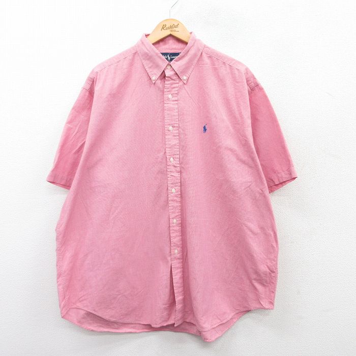 XL★古着 ラルフローレン Ralph Lauren 半袖 ブランド シャツ メンズ 90年代 90s ワンポイントロゴ BLAIRE 大きいサイズ ロング丈 コットン ボタンダウン ピンク系他 25apr19 中古 トップス