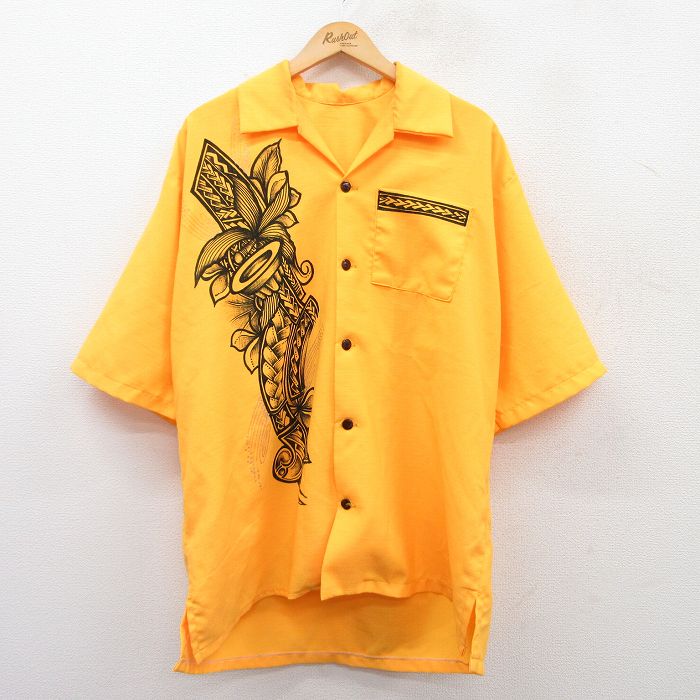 XL★古着 半袖 シャツ メンズ 開襟 オープンカラー 黄 イエロー 25apr19 中古 トップス