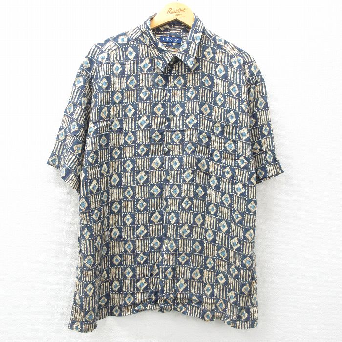 【50%OFF】XL★古着 IZOD 半袖 シャツ メンズ 総柄 レーヨン 紺他 ネイビー 25apr19 中古 トップス