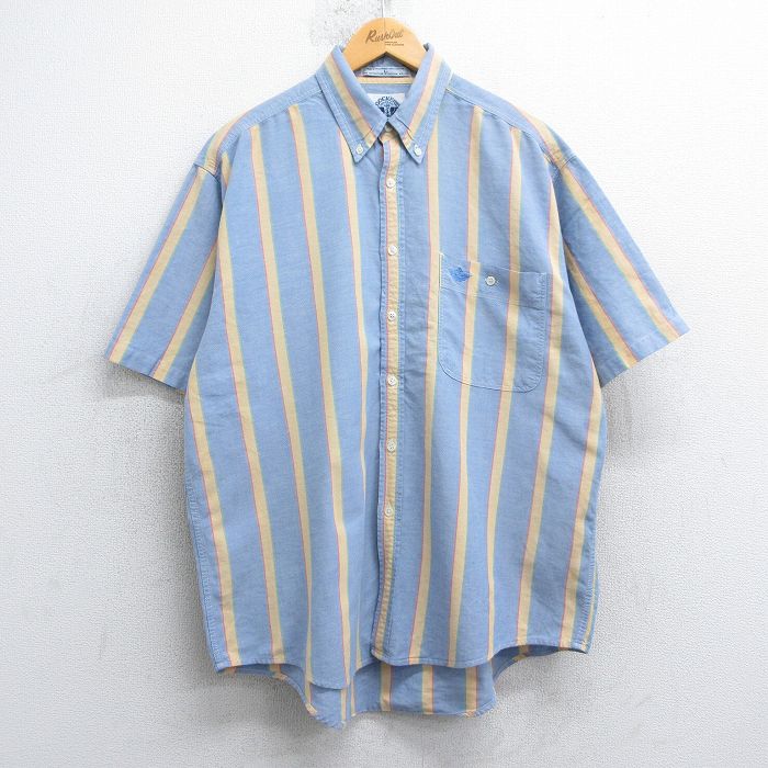 XL★古着 ドッカーズ 半袖 シャツ メンズ 90年代 90s ワンポイントロゴ コットン ボタンダウン 薄紺他 ネイビー ストライプ 25apr19 中古 トップス