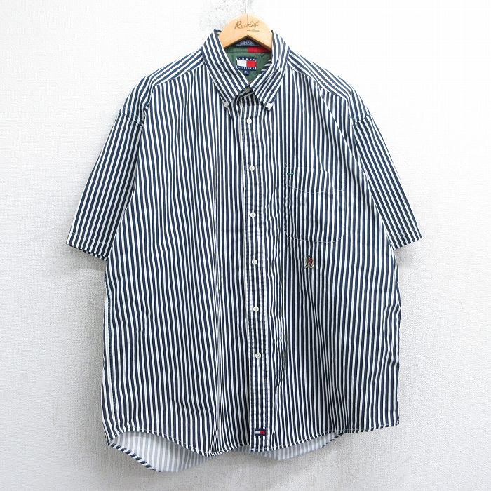 XL★古着 トミーヒルフィガー TOMMY HILFIGER 半袖 ブランド シャツ メンズ 90年代 90s ワンポイントロゴ 大きいサイズ ロング丈 コットン ボタンダウン 紺他 ネイビー ストライプ 25apr19 中古 トップス